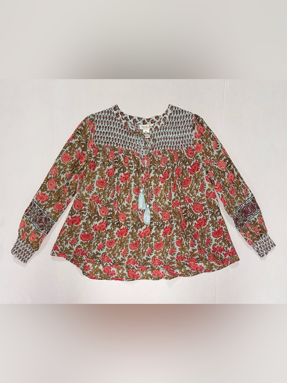 Rachel Zoe S Block Print Boho Peasant Top Flowy Breathable Cotton Cottagecore